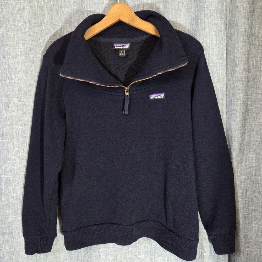 Patagonia Woolie Sweater Pullover 1/4 Zip Women's L Wool Blend Navy Retail $159